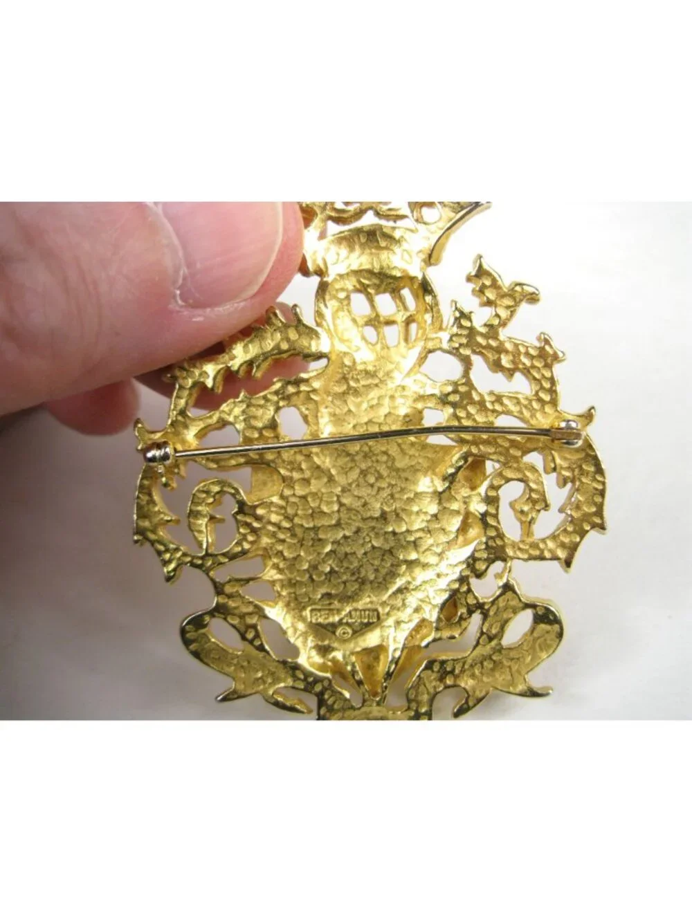 Vintage Ben Amun Gold Tone Brooch Pin Victoria Crown Arms Shield Statement